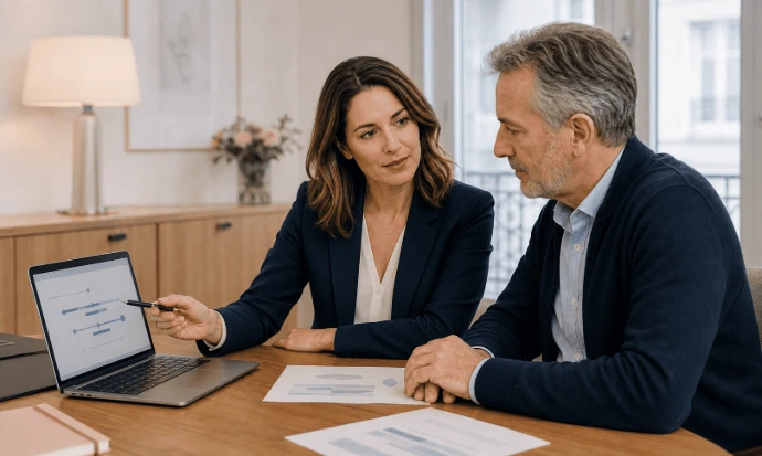 Conseillère retraite présentant un bilan de carrière à un client